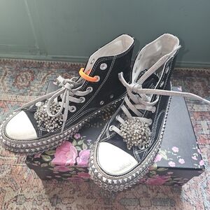 Free People Black High-Top Studded Sneakers with Crystal Pom Accents
